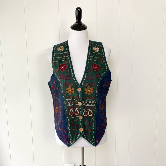 VTG 80s 90s Solutions Green Blue Floral Embroidered Vest Size Large Boho Grunge - Picture 1 of 15